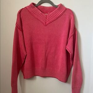 Free People V-Neck Sweater in Vibrant Pink
